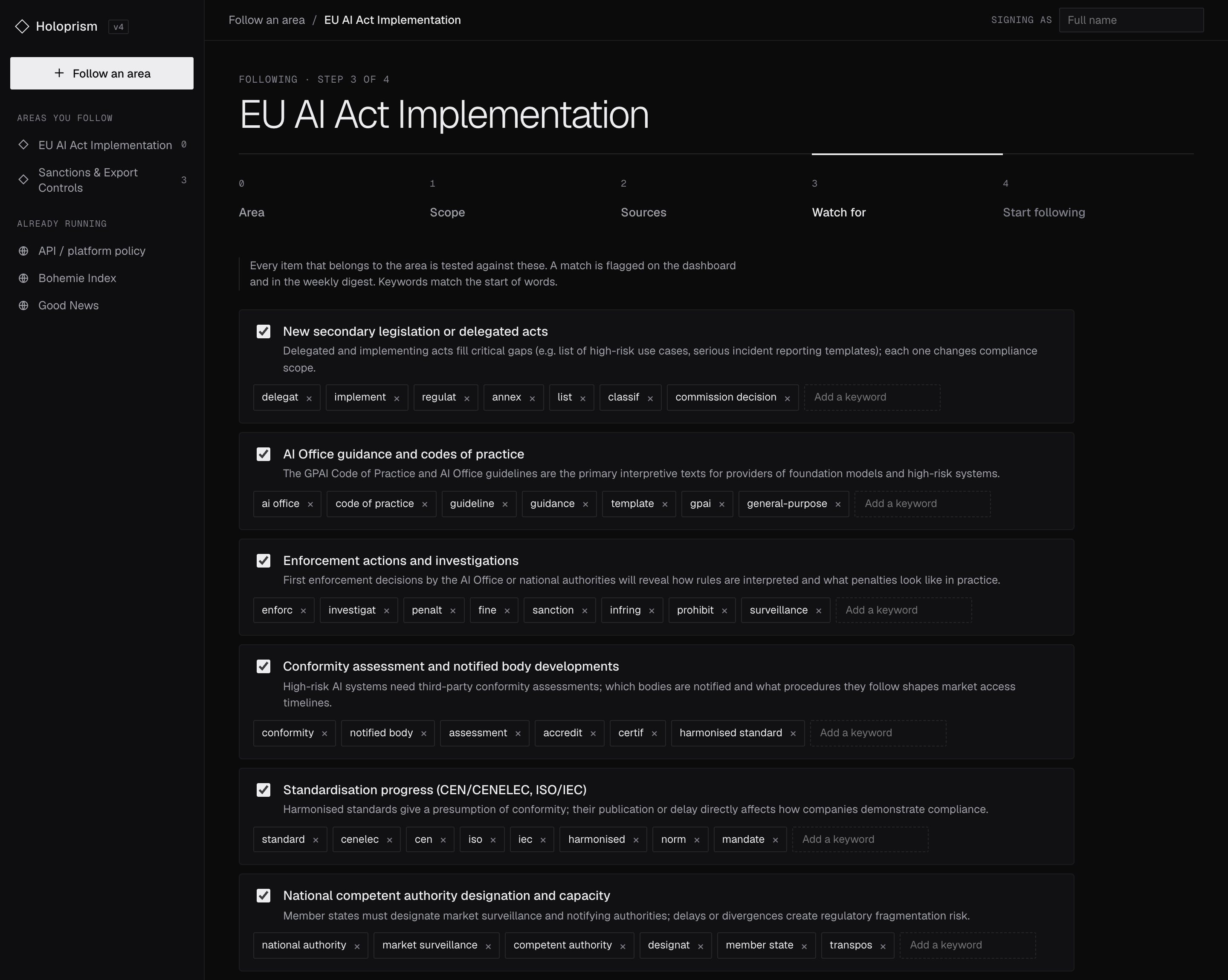The watch-for step: signals with keyword stems, and questions to keep score on